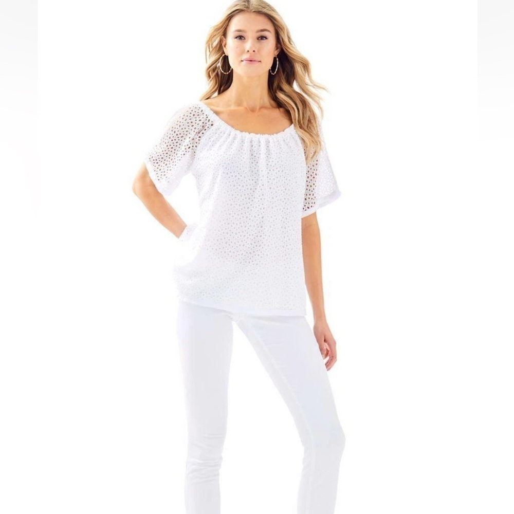 Lilly Pulitzer Lillette Top Resort White Eyelet Crinkle Chiffon Cottagecore XS - Picture 2 of 16